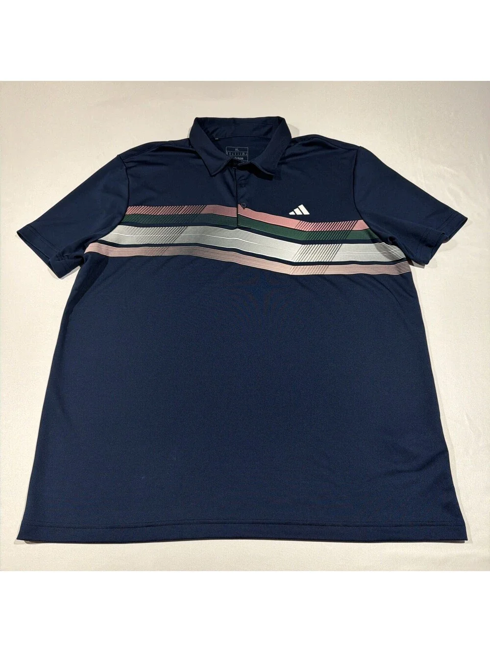 Adidas Polo Shirt Mens XL Navy Striped Golf Performance Recycled Polyester *Flaw